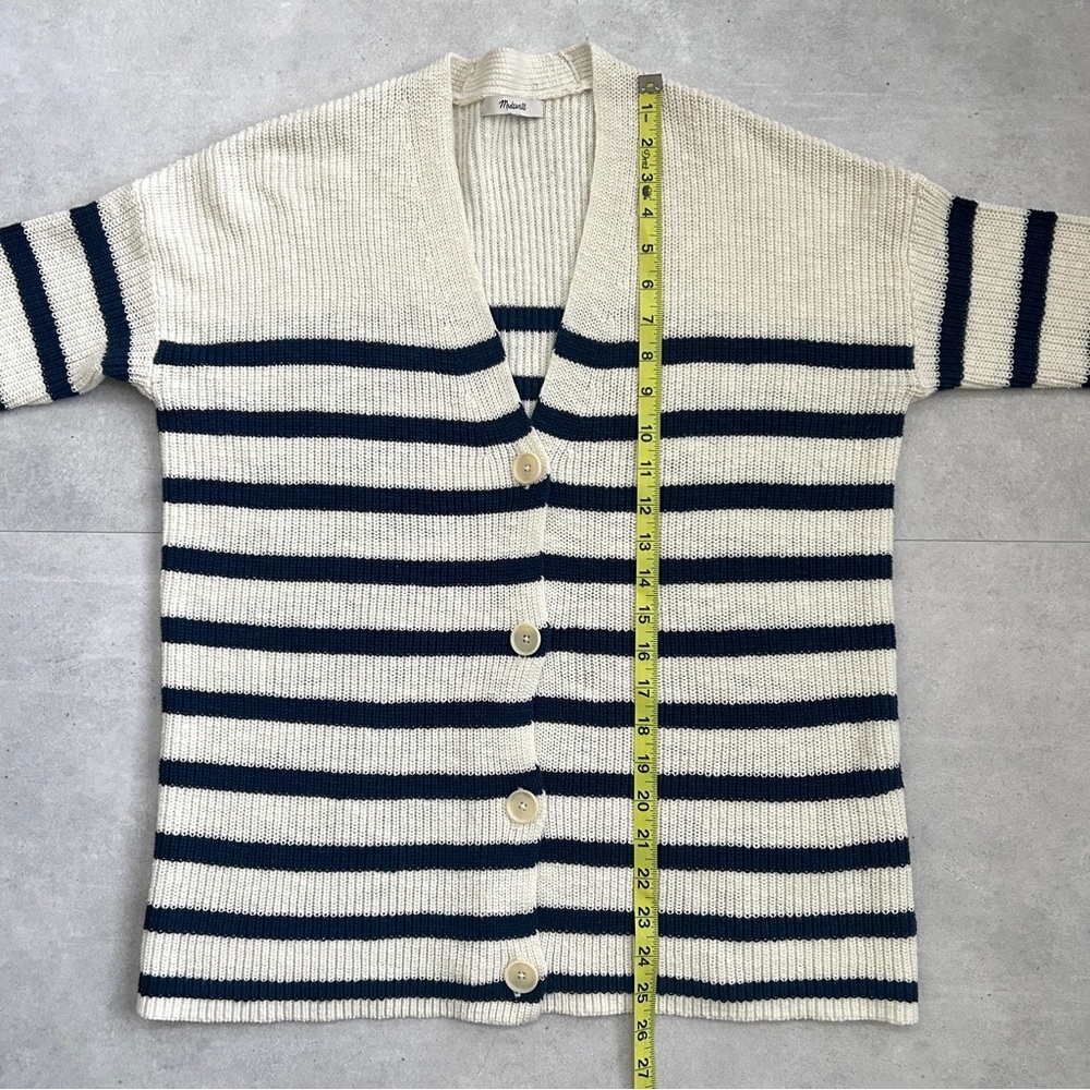 Madewell Striped V-Neck Button Front Cotton Cardigan | Small | Navy & Cream - Picture 11 of 14